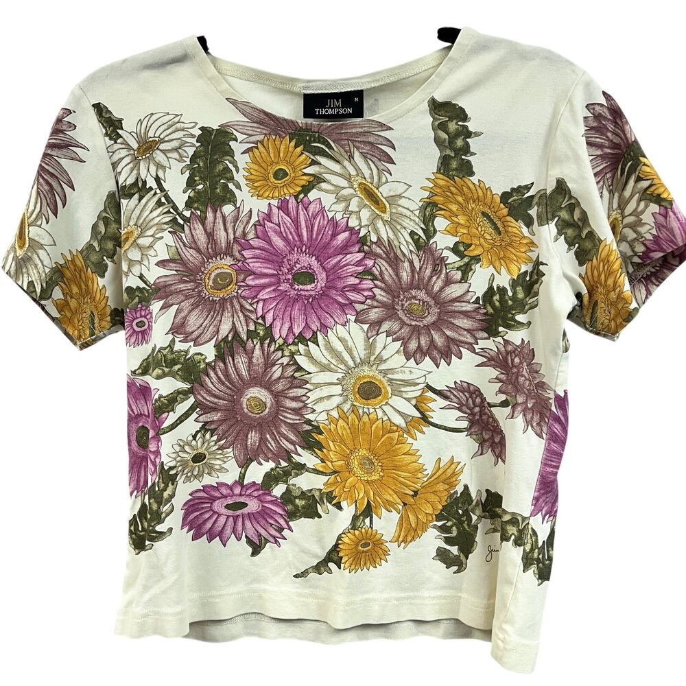 Women's Med Jim Thompson floral print cotton baby tee purple gold daisies READ